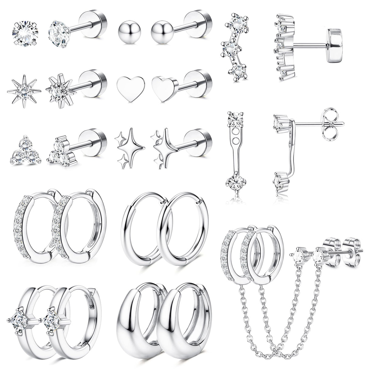 Florideco Silver Plated Flat Back Earrings Hypoallergenic Surgical Steel Earrings for Women Trendy Cartilage Chain Hoop Earring Studs Star Heart CZ Flatback Stud Earring Pack