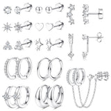Florideco Silver Plated Flat Back Earrings Hypoallergenic Surgical Steel Earrings for Women Trendy Cartilage Chain Hoop Earring Studs Star Heart CZ Flatback Stud Earring Pack