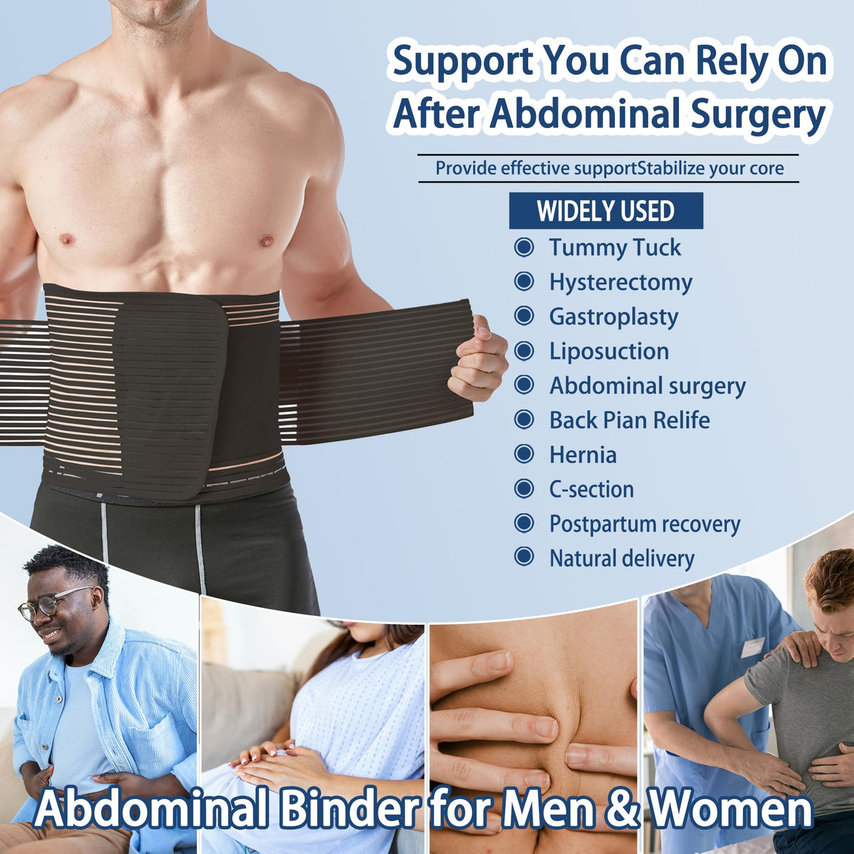 Abdominal Binder for Post Surgery & Postpartum Recovery, Abdomen Hernia Support Belt for Women & Men (Black, Large)