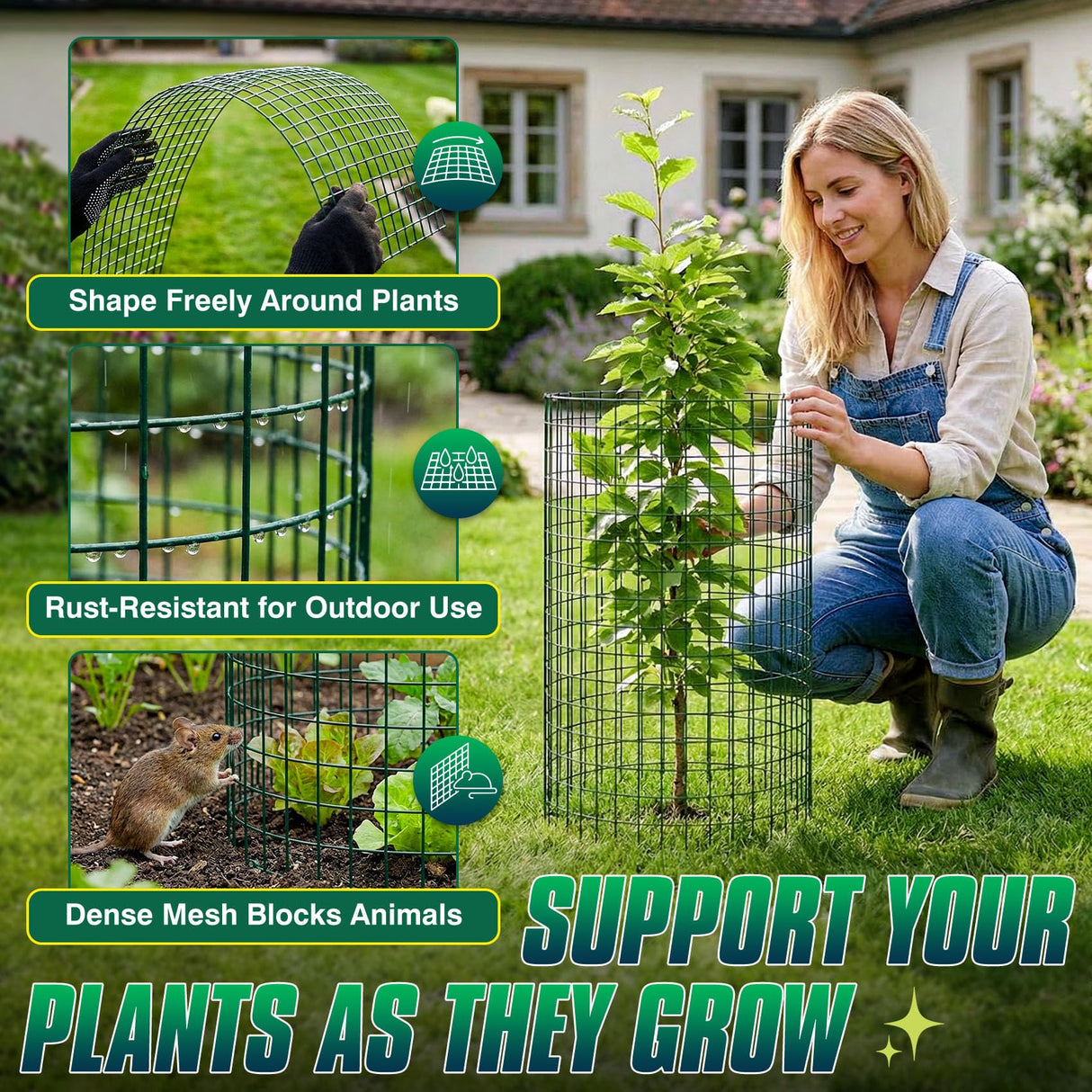 12 Pack 17" x 12" Tall Round Plant Cage - 36PCS Plant Support Cage Metal Wire Mesh Plant Protector for Outdoor Gardening Supplies Garden Protection Rabbits Chickens Ducks for Vegetables Flowers Shrubs