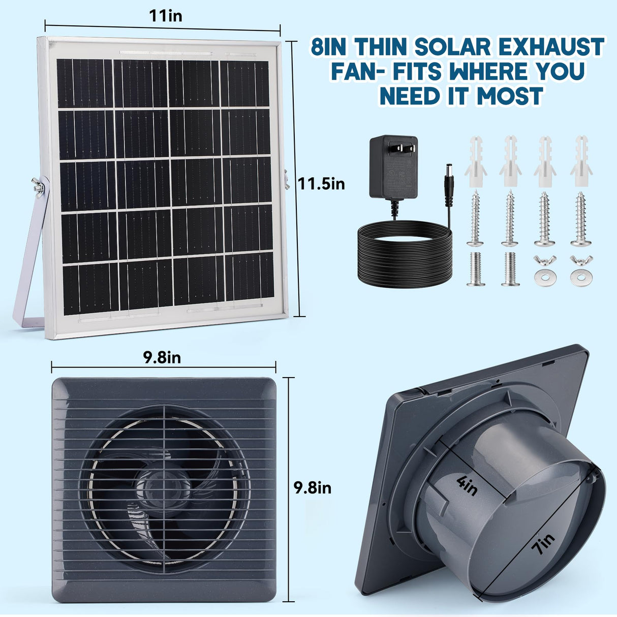 Solar Powered Exhaust Fan, 25W Solar Panel+8" High Speed Solar Powered Fans, Solar Exhaust Intake Fan Kit with Bracket, Anti-backflow Valve, Power Adapter, Vent Fan for Shed, Greenhouse, Attic