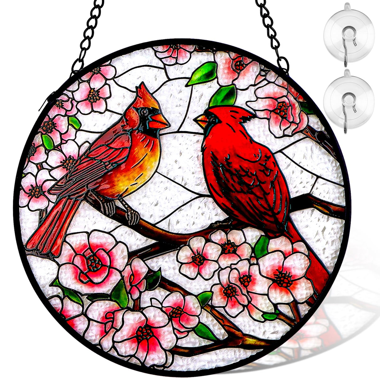 Remiawy Cardinal Stained Glass Window Hanging, 8 Inch Sun Catcher Glass Panel with Metal Chain and Hooks Suncatcher Indoor Window Wall Art Home Decor Gift for Bird Lovers Women Mother's Day Christmas