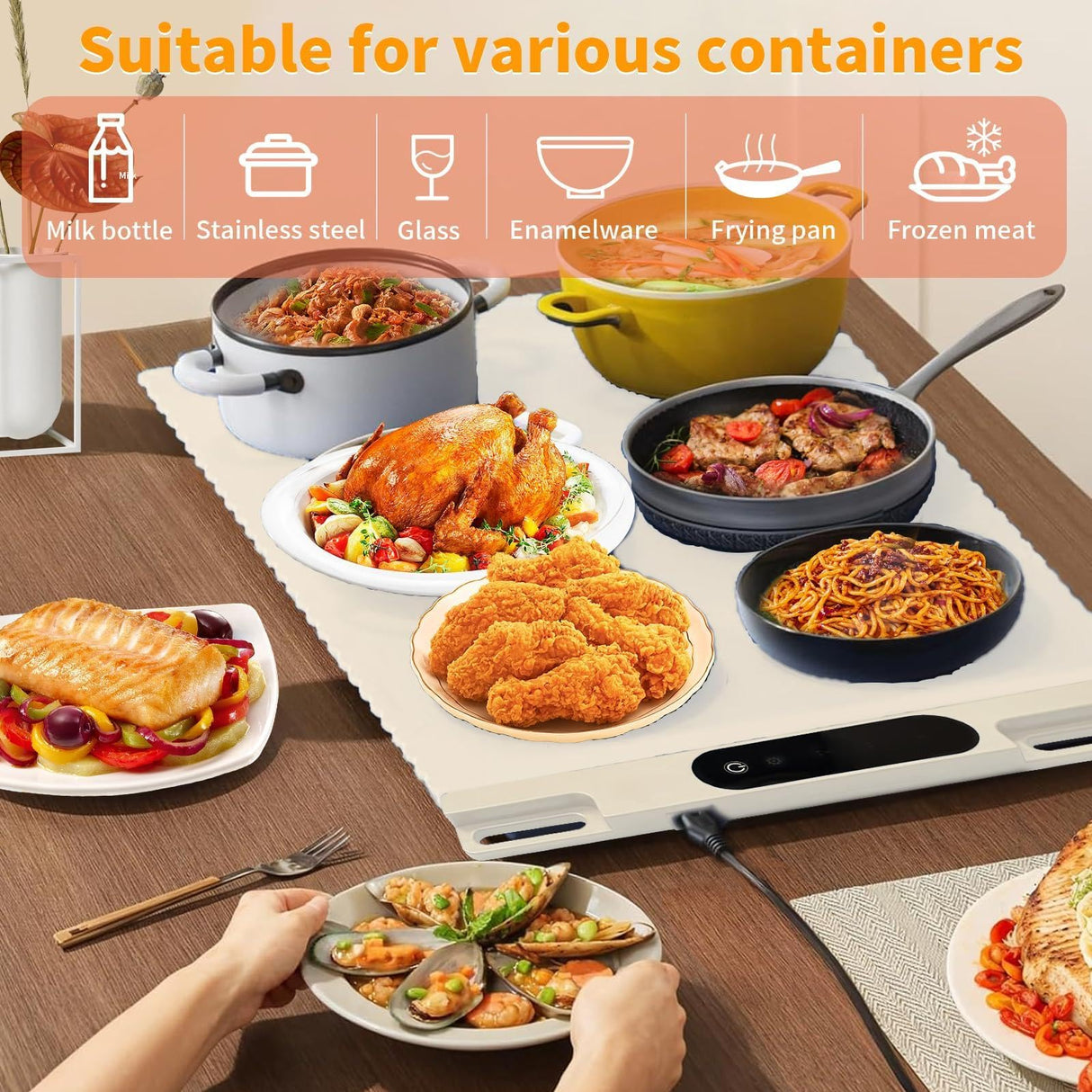 Food Warming Mat,Fast Heating Silicone Electric Warming Tray With 3 Level Temperature and 3 Level Timer, Roll Up Buffet Hot Plates Heat Pads, Portable Foldable Food Warmer For Parties Home white