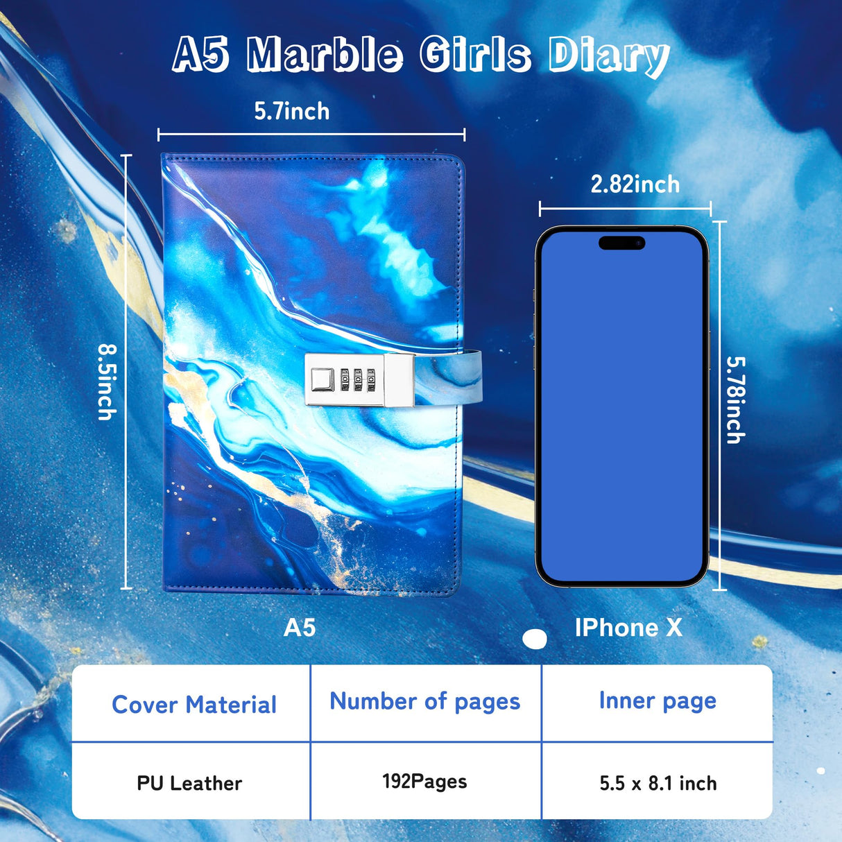 CAGIE Diary with Lock for Girls, A5 Password Refillable Lined Journal Kit Locked Diary, Cute Stuff Christmas Birthday Gifts for Girls 6 7 8 9 10 11 12 13 14 Year Old Girl, Teen Girl Gifts, Blue