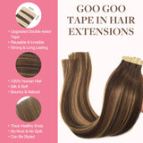 GOO GOO Tape in Hair Extensions Human Hair, 4/27/4 Balayage Chocolate Brown to Caramel Blonde, 20inch 50g 20pcs, Thick Ends Straight Seamless, Invisible