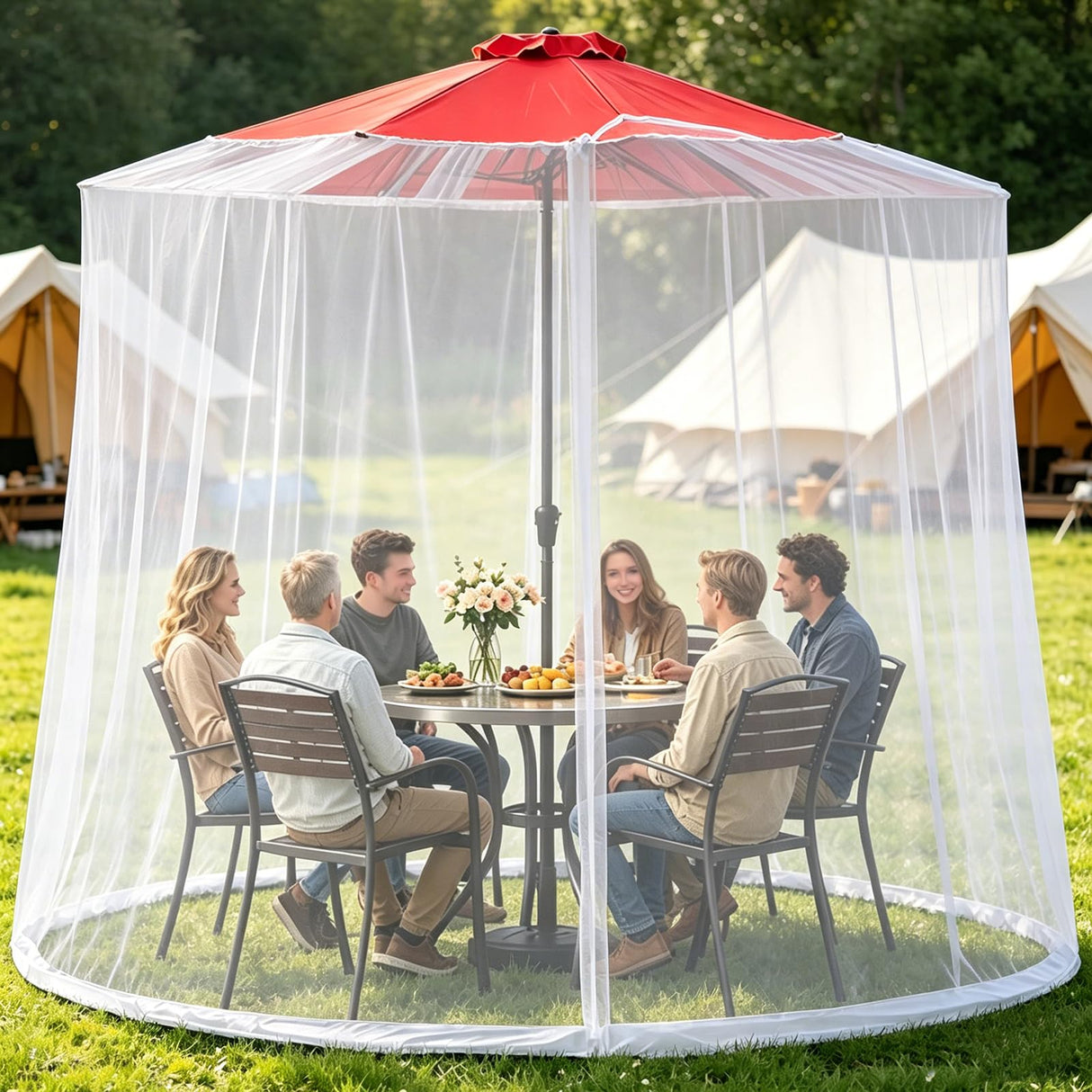 CEAWTUMY 9-11 FT Outdoor Mosquito Netting for Patio, Windproof Universal Umbrella Mosquito Net for Patio Garden Backyards, Polyester Mesh Outdoor Umbrella Screen with Zipper (White)