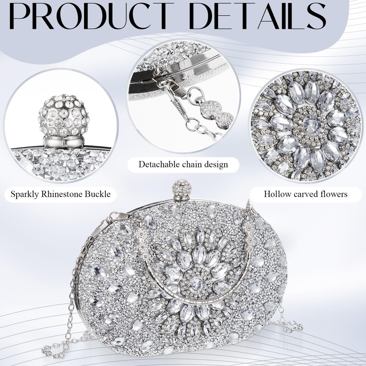 Quelay 4 Pcs Purse Rhinestone Jewelry Set for Wedding Bridal Women Evening Clutch Bag Necklace Dangle Earrings Bracelets(Silver,Stylish Style)