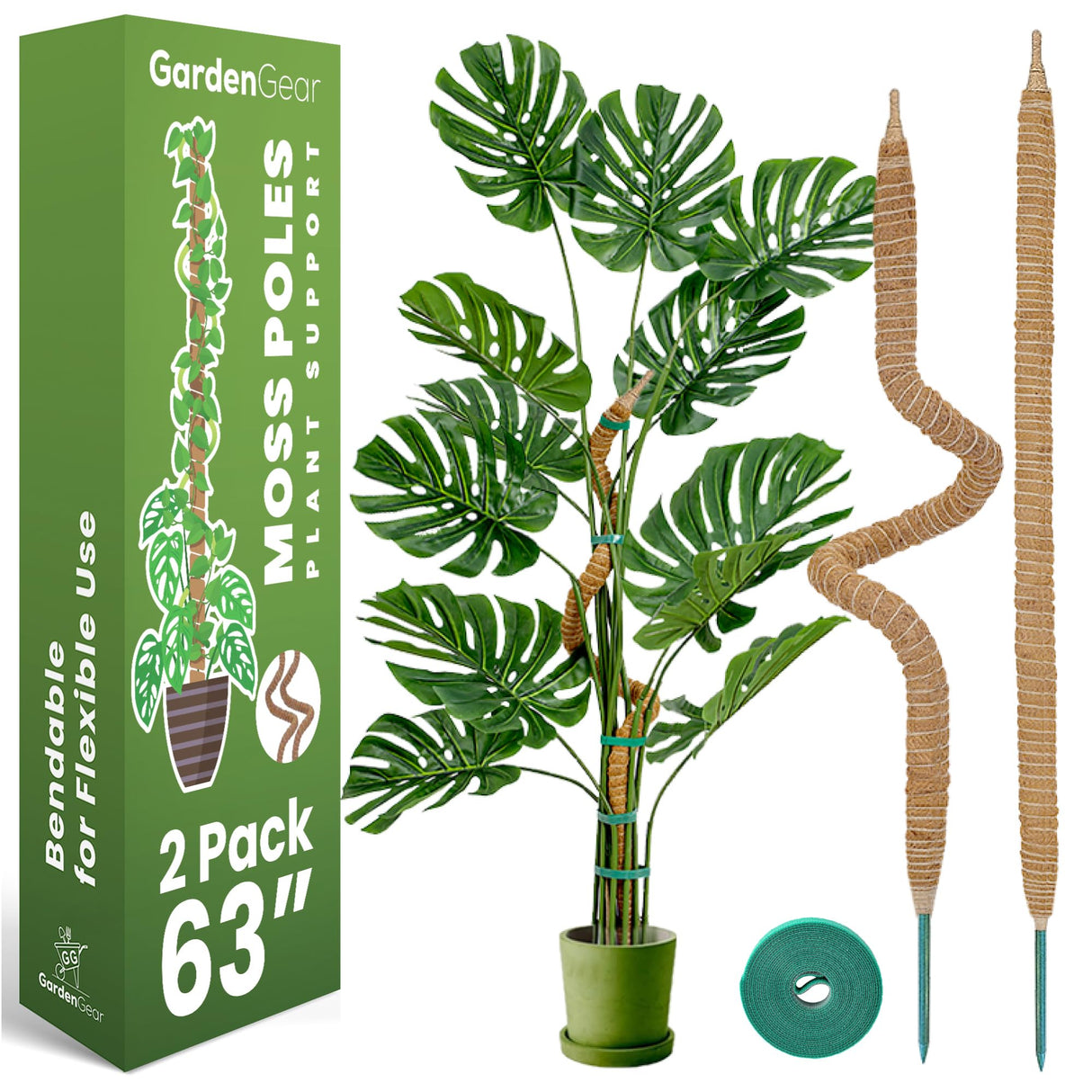 2 Pack 63 Inch Bendable Moss Pole Monstera Plant Support Stakes for Indoor Plants - Tall Moss Stick Trellis for Potted Climbers - Stem Support Accessories for Climbing Houseplants