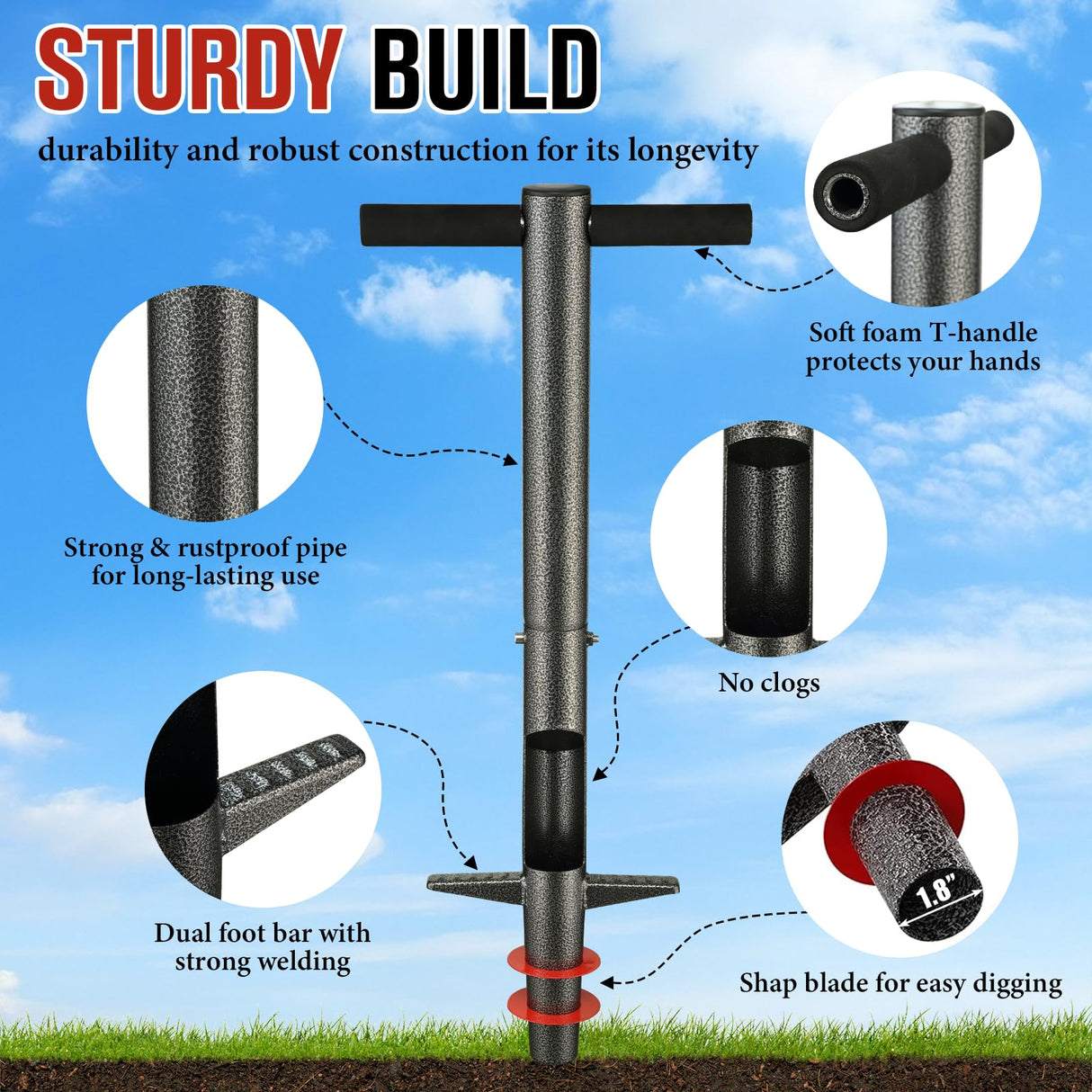 DIOVPLX Bulb Planter Tool, 33.5" Long Handle Sod Plugger for Standing Planting, 2"/4"/6" Adjustable Depth Garden Hole Digger, Heavy Duty Auto Eject Lawn Plugger for Flower Bulbs,Grass Plugs,Seedlings
