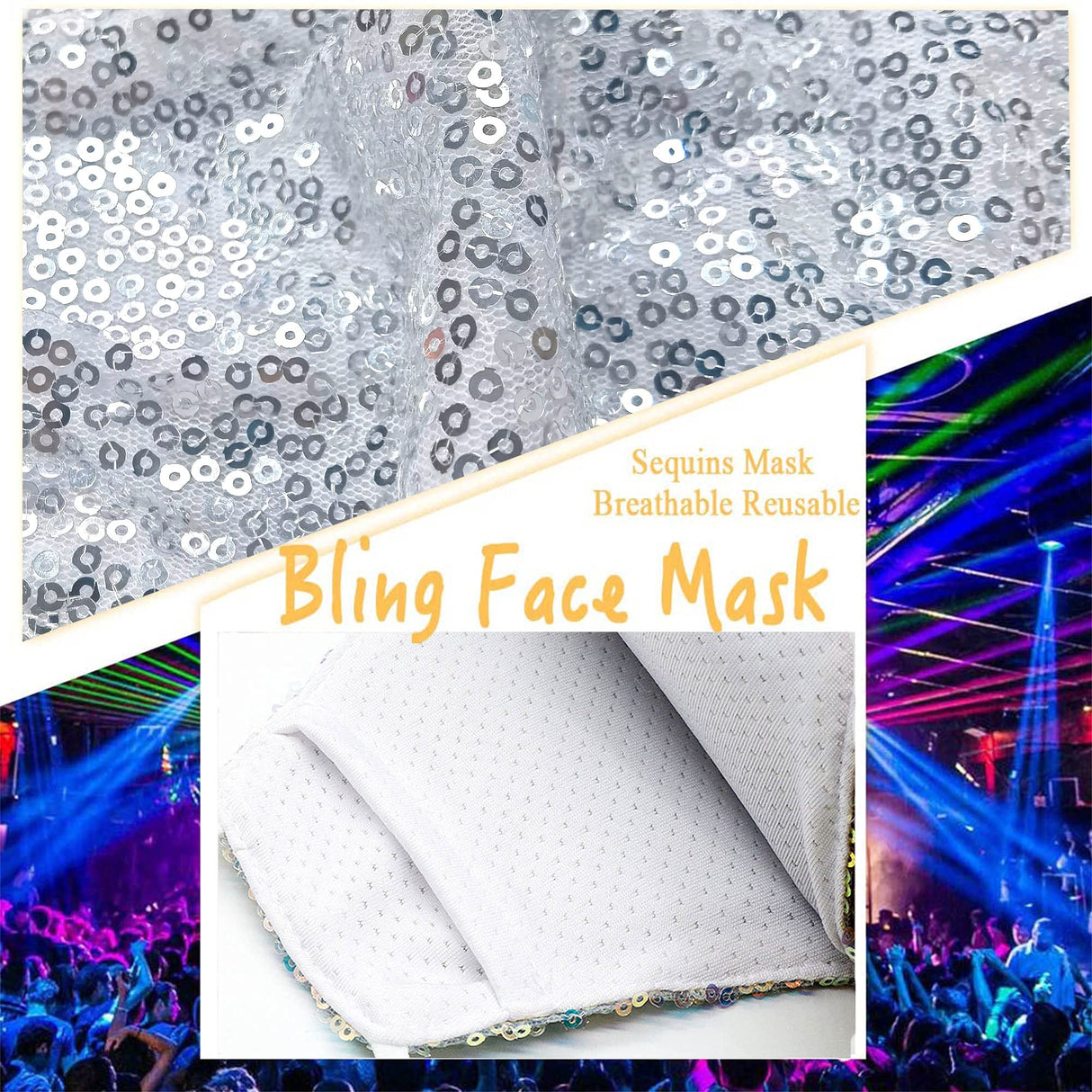 MLGDA Sparkly Sequin Face Cover Glitter Cotton Sequins Masc Masquerade Face Covering (Irregular, silver 1)