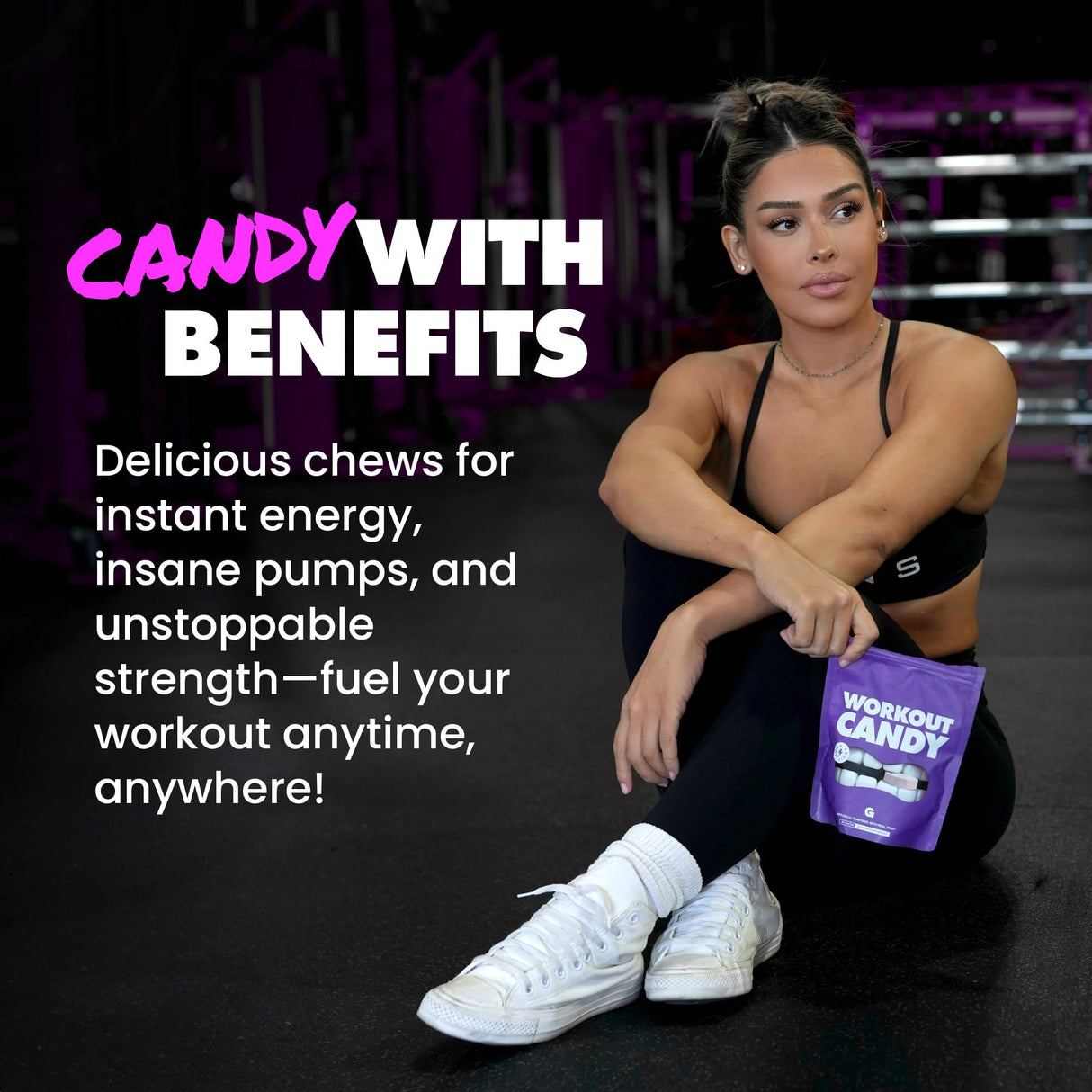 Gains in Bulk Workout Candy, Pre Workout Chews with Creatine and Caffeine for Energy, Focus, Muscle and Pump, Nitric Oxide Support, Supplements for Men and Women, Sour Fruit, 90 Vegetarian Chews