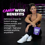 Gains in Bulk Workout Candy, Pre Workout Chews with Creatine and Caffeine for Energy, Focus, Muscle and Pump, Nitric Oxide Support, Supplements for Men and Women, Sour Fruit, 90 Vegetarian Chews