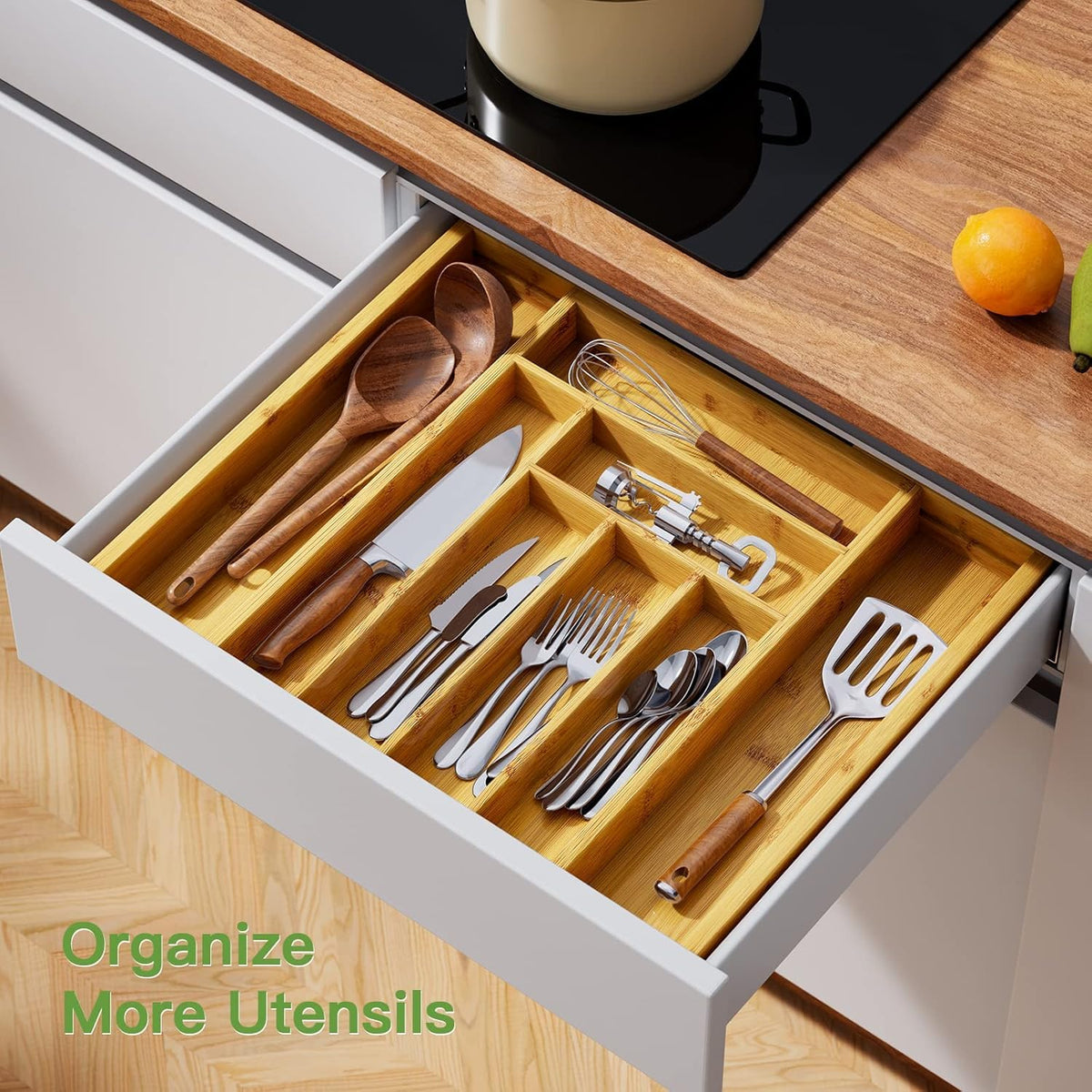 Pipishell Expandable Bamboo Silverware Organizer, Large Kitchen Drawer Tray