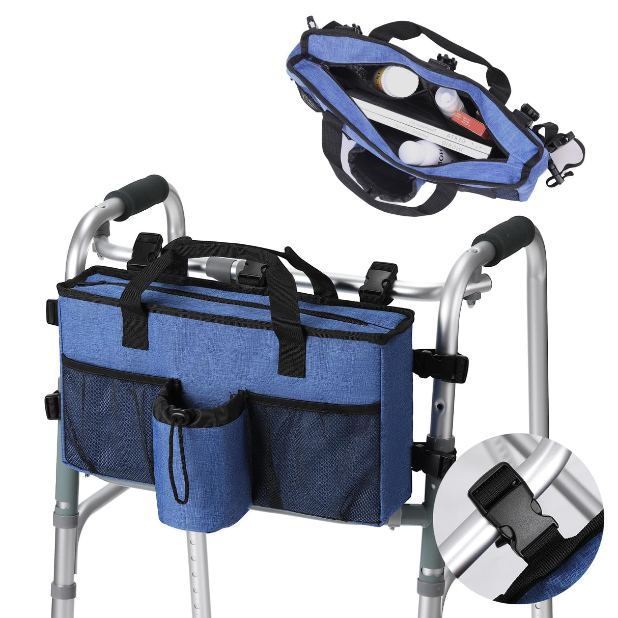 Walker Accessories for Folding Walker with Cup Holder,Pocket, Organizer Carry Storage Pouch Bag Buckle (Blue)