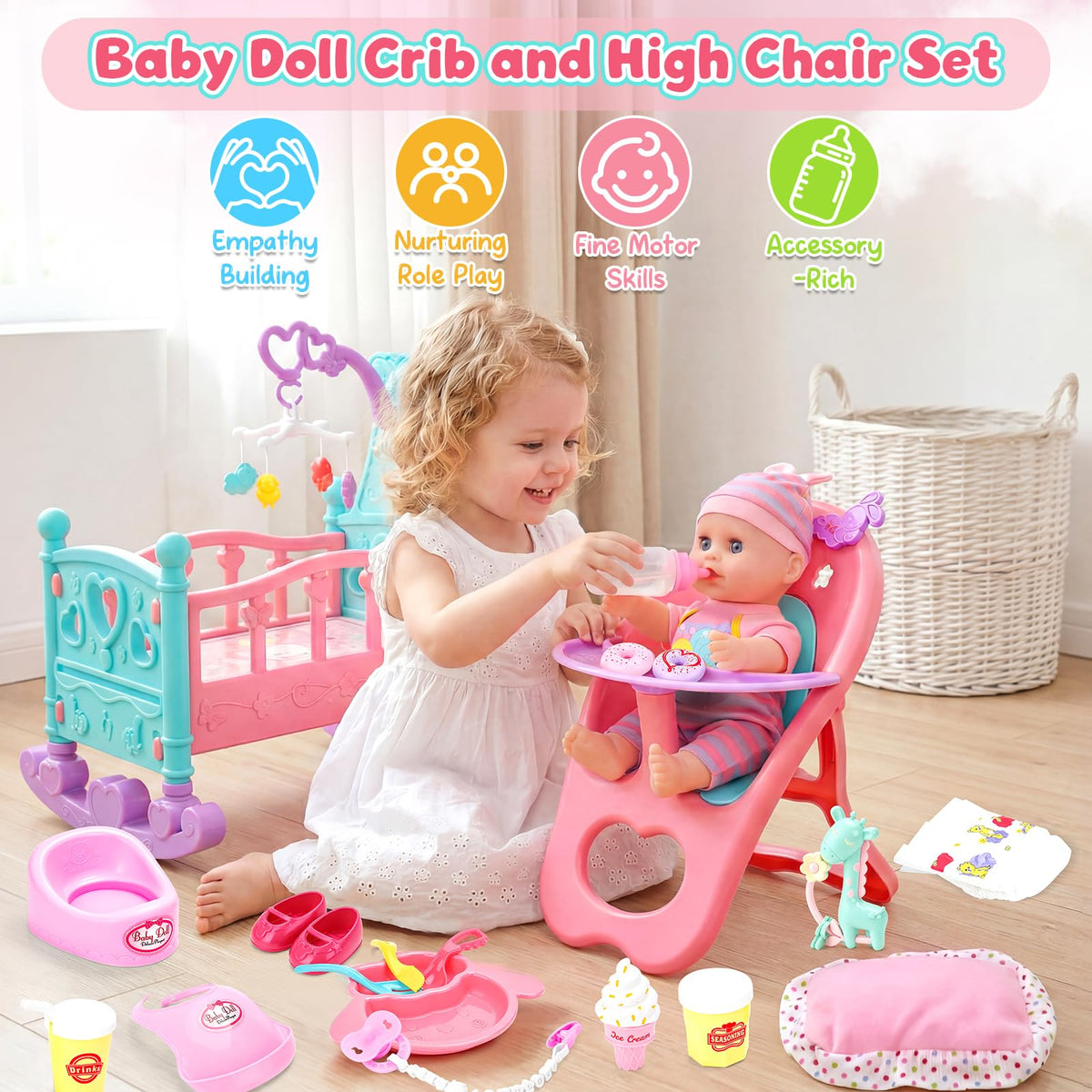 deAO Baby Doll Play Set with Crib,High Chair Feeding Accessories,White