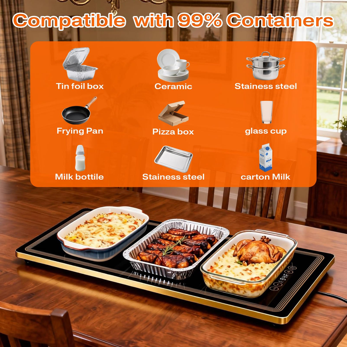 Electric Warming Tray for Food (Long 24x12 Inches), Warming Trays with 12 Temp-Settings,Built-in Thermostat and Full Surface Heating,Versatile Food Warmers for Parties Buffet,Gatherings,Daily Use