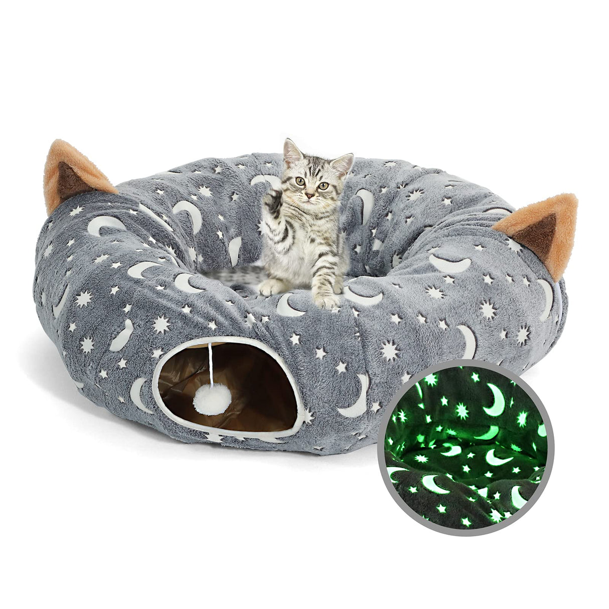 LUCKITTY Cat Tunnel Bed Under Christmas Tree with Plush Ball Toy Playground Crinkle Collapsible Self-Luminous Flannel Fabric 3FT for Large Cats Kittens Kitty Small Animals Puppy Grey Moon Star