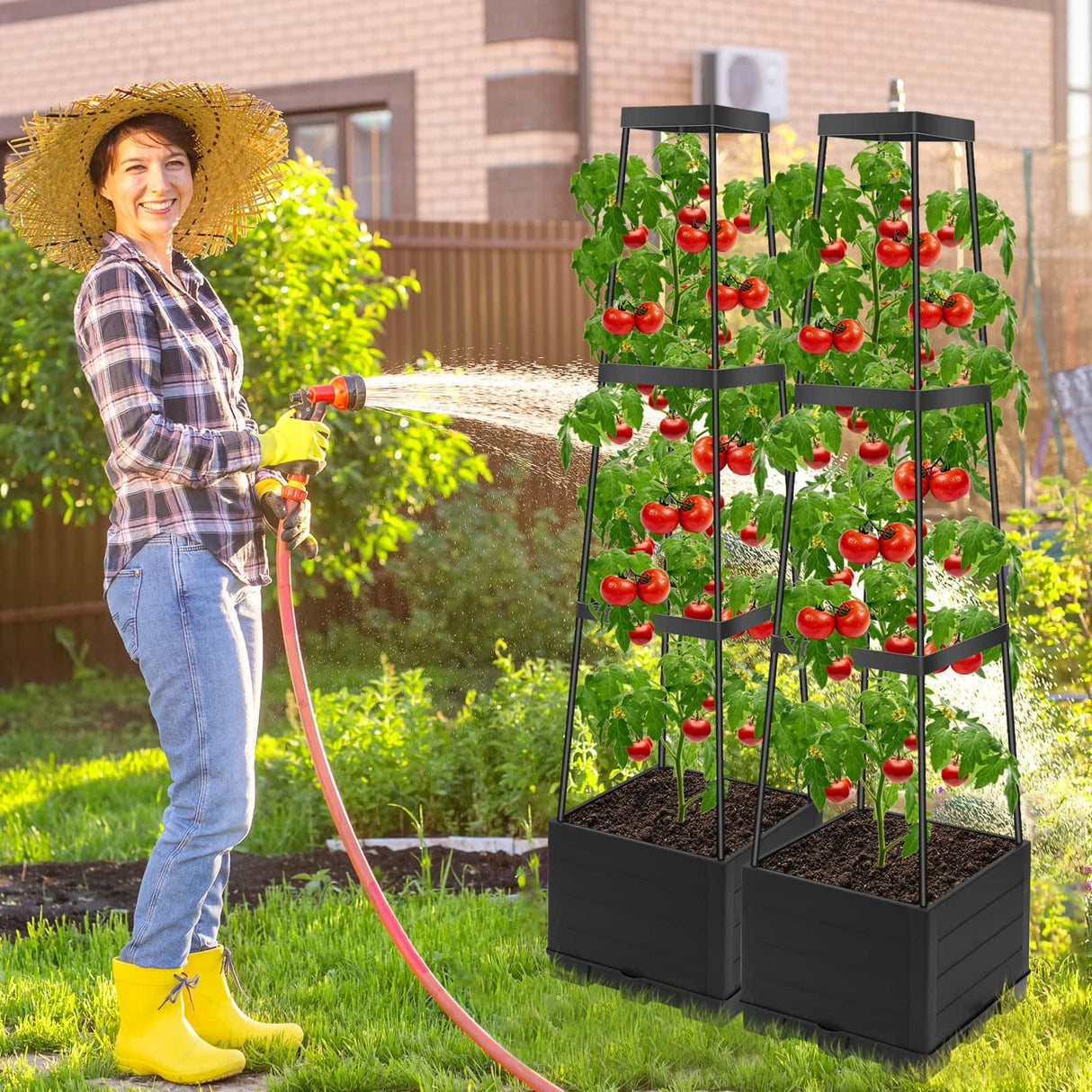 2 Packs Tomato Planter Pot with Raised Bed Trellis, 45" Tomato Cages for Climbing Vegetables, Self Watering Tomato Growing Container Planters Box for Indoor Outdoor Garden Bed Greenhouse