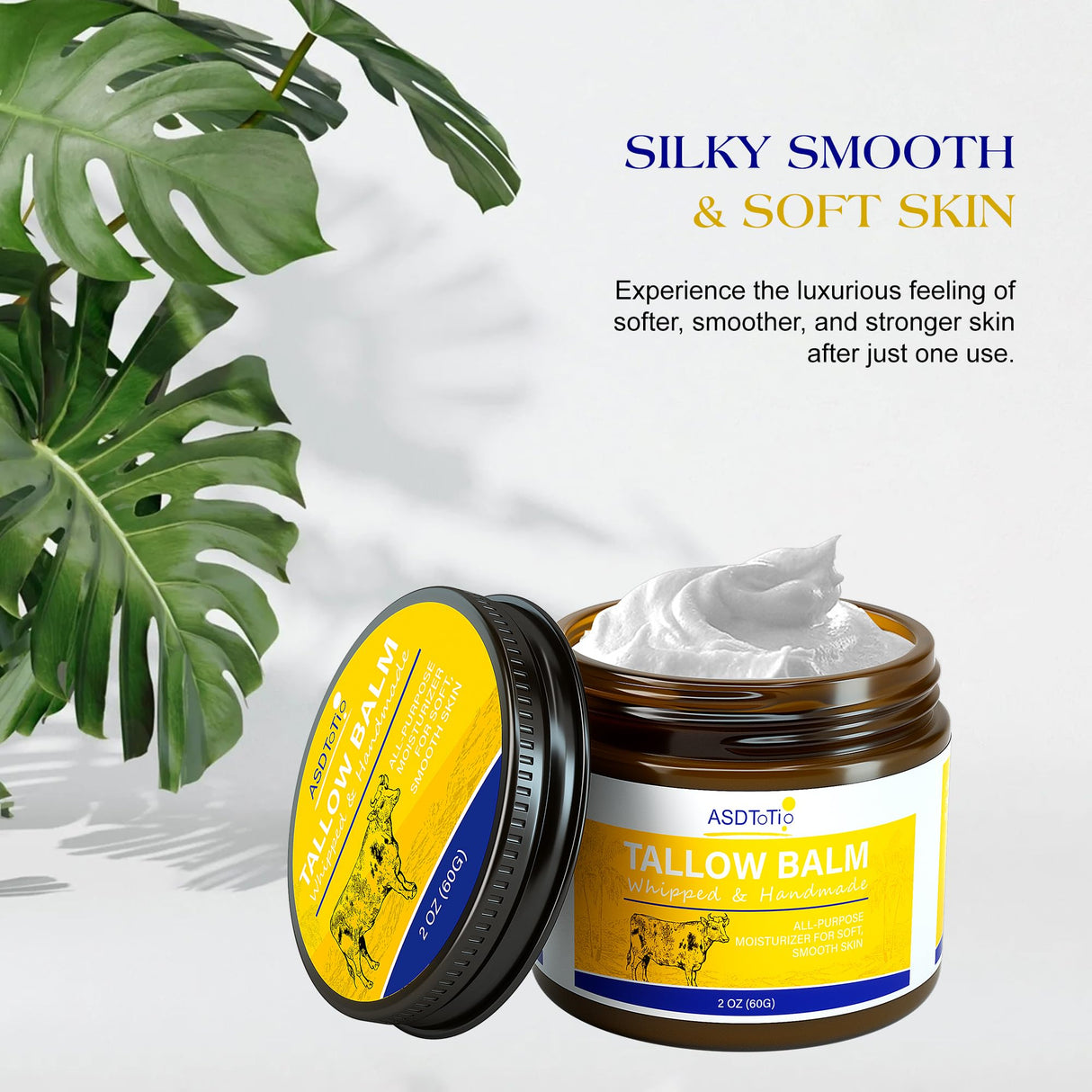 ASDToTio Handmade Whipped Tallow Balm for Skin Care- All Natural Grass Fed Beef Tallow All Purpose Balm,Face and Body Moisturizing Cream, Tallow Balm For Dry Skin- 2 oz