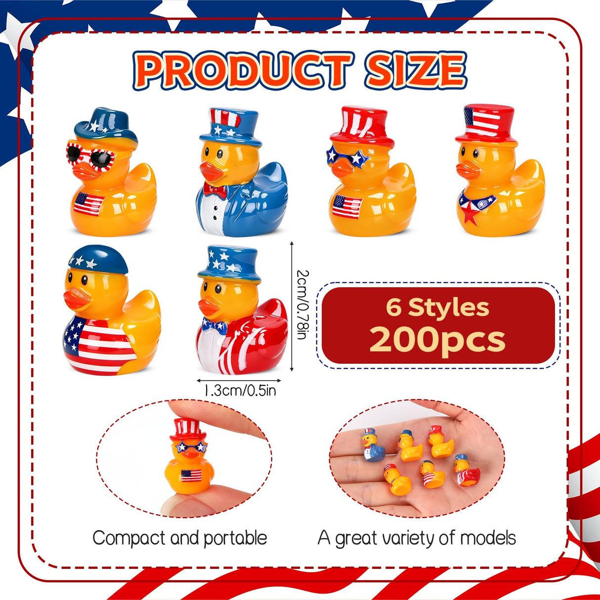 120 Pcs Patriotic Mini Resin Ducks 6 Style Bulk Tiny Duck Figurines 250th Anniversary Independence Day Decorations 4th of July Patriotic Ducks for Party Favors DIY Crafts and Desk Decor