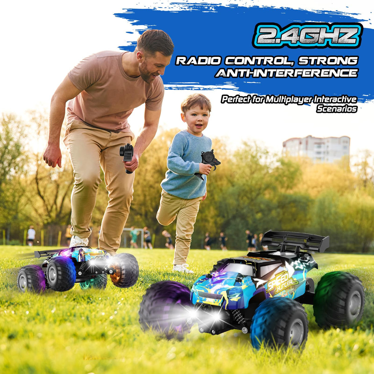 Remote Control Car, 1:18 2WD Off-Road RC Truck 20 KM/H, All-Terrain RC Cars with Headlights, BodyLights, 2.4GH Rechargeable Remote Control Monster Truck, Christmas or Birthday Gift Toys for Boys Girls