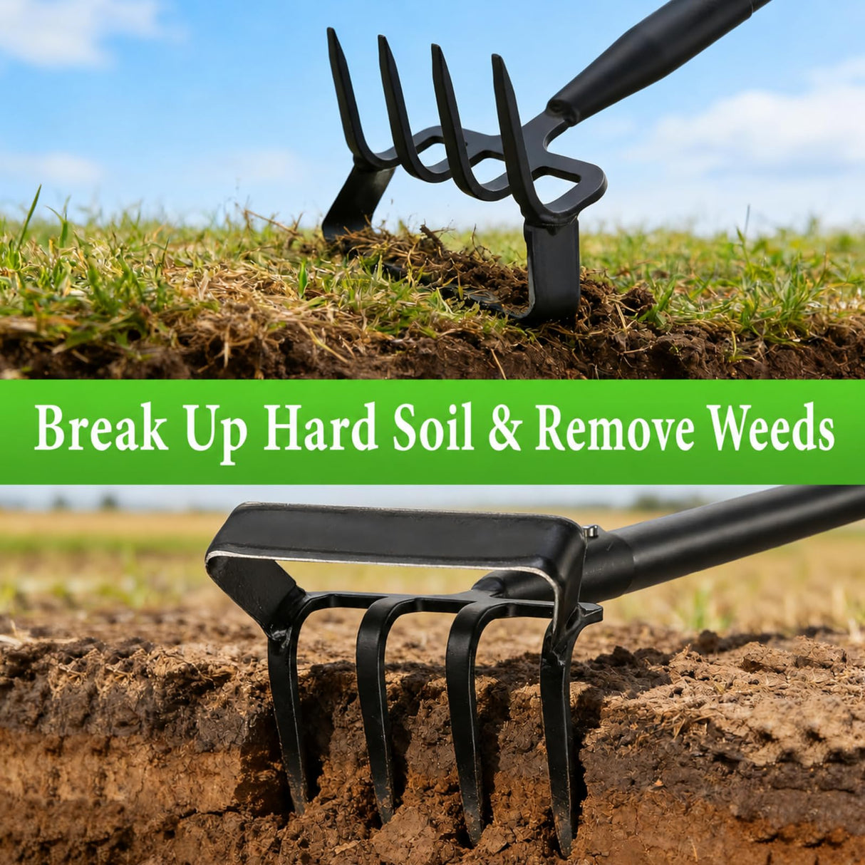 Garden Hoe with Rake, 37-82" Adjustable Long Handle Stirrup Weeder Hoe & 4-Tine Cultivator, Heavy Duty Scuffle Loop Hoe for Fast Weeding, Soil Loosening, Flower Beds, Vegetable Gardens