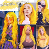 Sabosi Yellow Wig Long Curly Wavy Cute Colorful Wigs Middle Part Synthetic Hair Wigs for Christmas Cosplay Daily Party Wigs