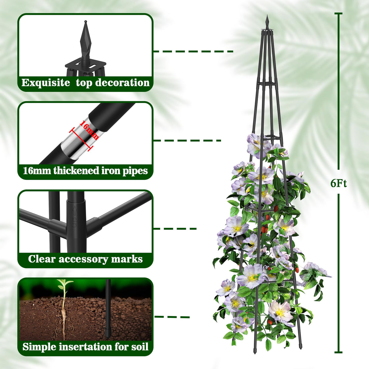 Hsundries 6FT Obelisk Trellis for Climbing Plants Outdoor, 16mm Rust-Proof Extra Thickened Plastic-Coated Metal Pipes, Indoor Climbing Support for Potted Plants, Vines, Flowers Stands,Black