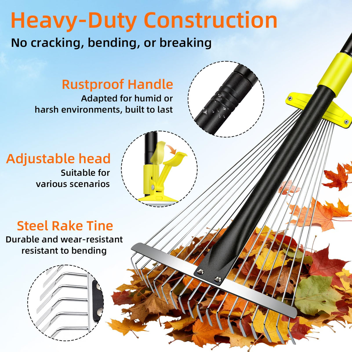 Byhargen Adjustable Metal Leaf Rake, Heavy Duty Garden Rake with Wide & Narrow Modes, Rustproof Steel Head, Adjustable Handle for Lawn Care, Yard Clean Up, and Mulch Spreading