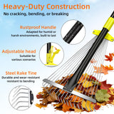 Byhargen Adjustable Metal Leaf Rake, Heavy Duty Garden Rake with Wide & Narrow Modes, Rustproof Steel Head, Adjustable Handle for Lawn Care, Yard Clean Up, and Mulch Spreading