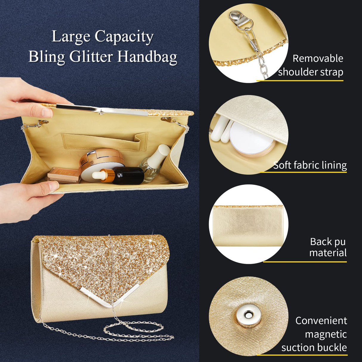 Henoyso 5 Pcs Jewelry Set, Rhinestone Clutch Purse for Prom,Gold