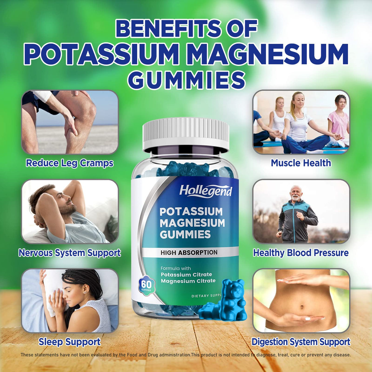 HOLLEGEND Potassium Magnesium Gummies, High Absorption Potassium Citrate 99mg Magnesium Citrate 180mg, Chewable Gummy Supplements for Leg Cramps & Muscle, 120 Count