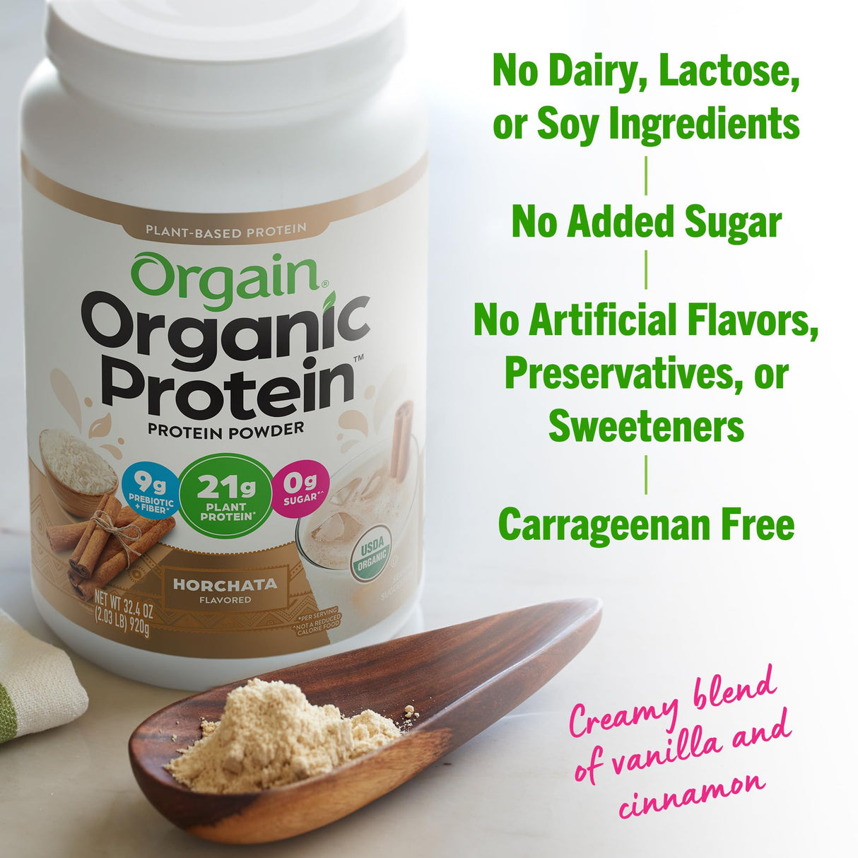 Orgain Organic Vegan Protein Powder, Horchata - 21g of Plant Based Protein, Low Net Carbs, Gluten Free, Lactose Free, No Sugar Added, Soy Free, Kosher, Non-GMO, 2.03 Lb