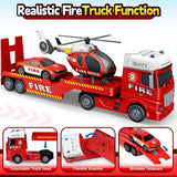 Kids Toys for 3 4 5 6 7 8 Years Old Boys, 25" Fire Truck Toy with Racing Car and Helicopter, Toddler Friction Powered Truck Vehicle Toy with Lights, Sounds for Boys Girls Christmas Birthday Gifts