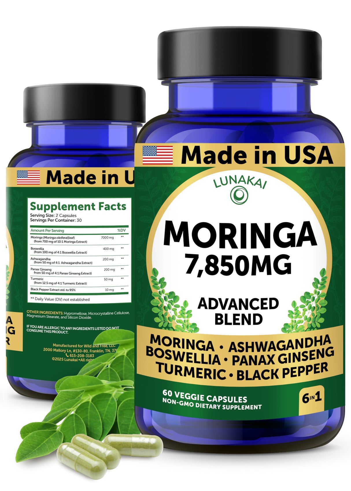 Lunakai USA Made Pure Moringa Capsules – 7850mg Advanced Moringa Leaf Extract Supplement with Ashwagandha, Boswellia, Ginseng & Turmeric, 60ct