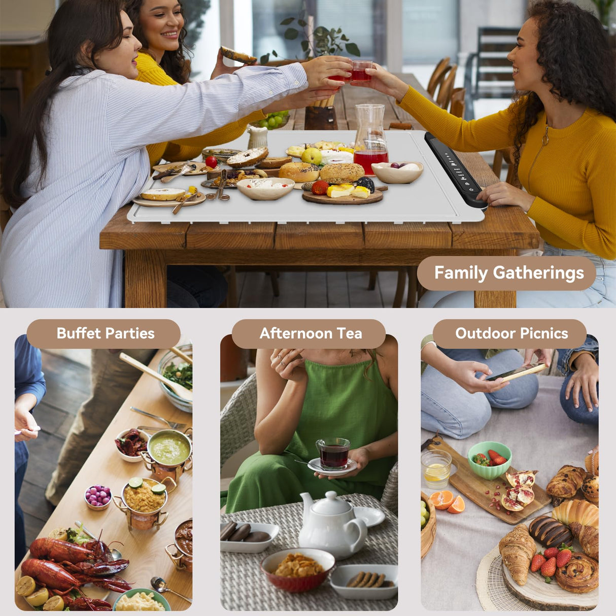 Warming Mat for Food Warmer Pad: 24"X16" Adjustable Foldable Silicone Electric Warming Tray for Buffets Party - Fast Heating Portable Hot Plates for Countertop Kitchen Travel Home Gifts Silver Gray