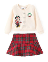 Disney Minnie Mouse Toddler Girl Christmas 2 Piece Outfit Long Sleeve Pearl Button Knit Top & Red Plaid Tweed Skirt Set Birthday Elegant Dress 2T