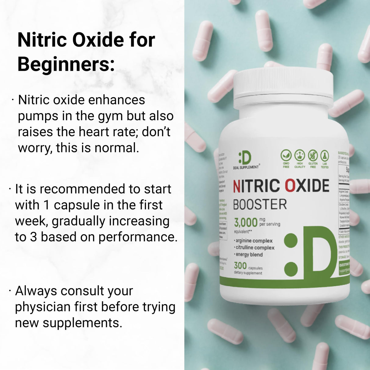 Nitric Oxide Booster 3,000mg Per Serving, 300 Capsules – 12 in 1 Nitric Oxide Supplement – Arginine & Citrulline Complex with Energy Blend – Marshmallow Root – Promotes Nutrient Flow to Muscles&Heart