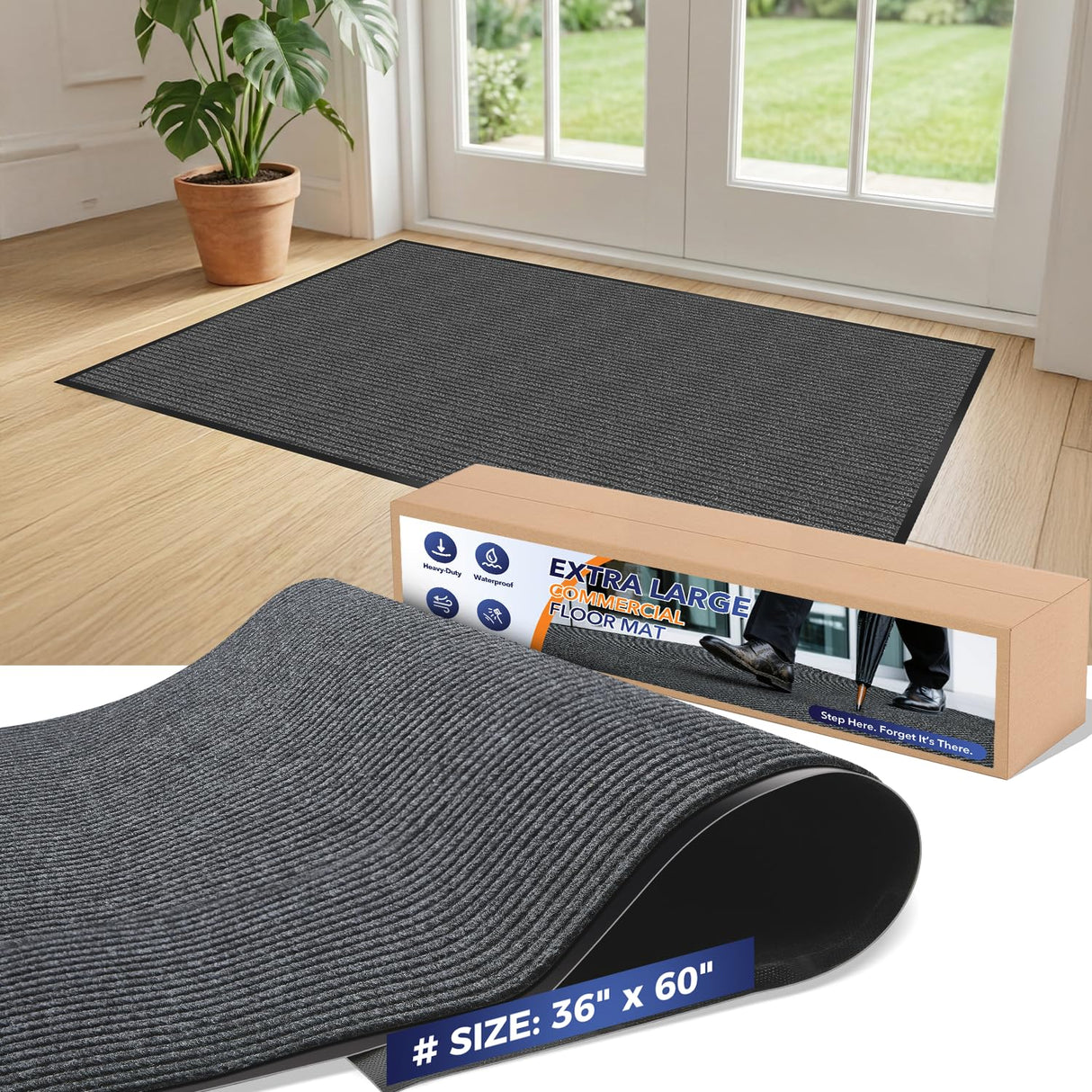 MossGrip Commercial Floor Mat, 3 x 5 FT Extra Large Door Mat, Indoor/Outdoor Entrance Mat, Commercial Rug with Water & Stain Proof, Easy to Clean, Low-Profile, Heavy Duty Rubber Mat, Charcoal Grey