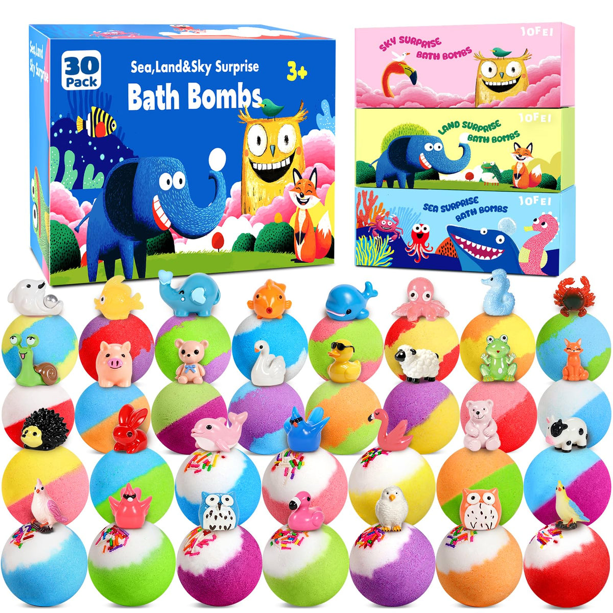30 Pack Bath Bombs for Kids with Toys Inside, Kid Bath Bombs Gift Set with 30 Sea & Land & Sky Animal Surprise Toys, Stocking Stuffers for Kids Boys Girls, Christmas Gift, Natural Bubble Bath Fizzy