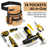 Tool Belt,Magnetic Tool Pouch,14-Pockets Tool Belts for Men,Detachable & Adjustable Tool Pouch belt for Electrician,Carpenter,Construction,Work Apron,Utility Belt,Black-Brown