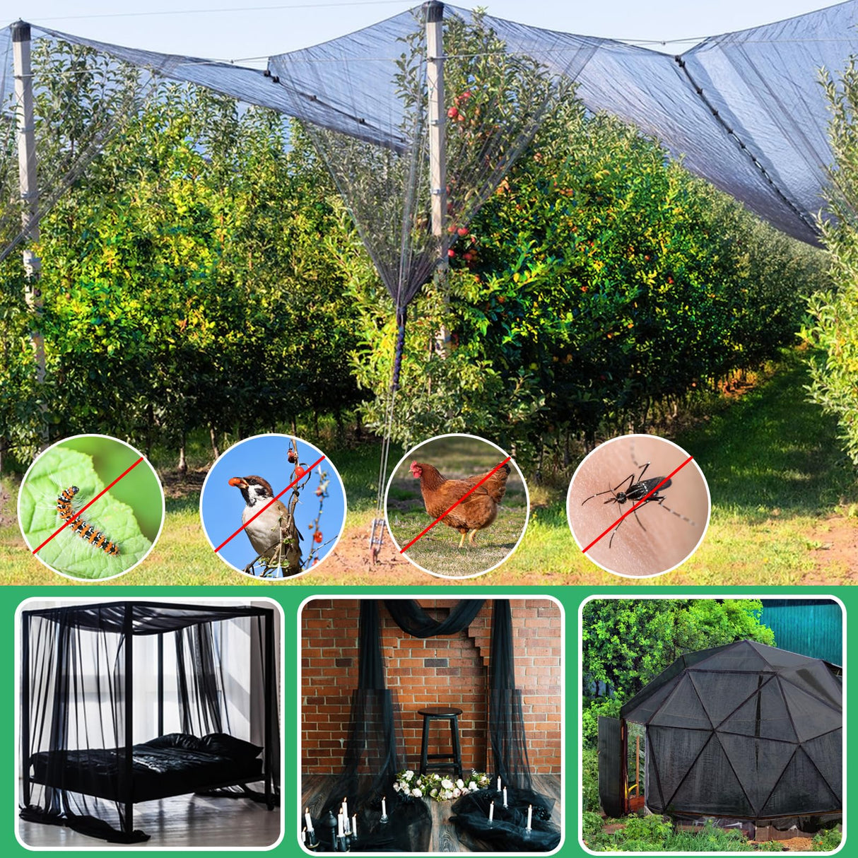 Mosquito Netting,10x50 FT Mosquito Mesh Net,Insect Bird Bug Screen for Patio Garden Vegetables Fruits Protection,Black Bed Curtains with 100 Pcs Straps