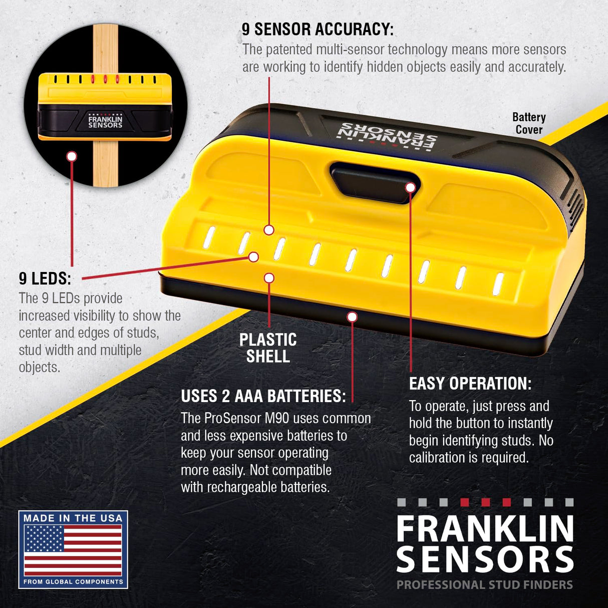 Franklin Sensors ProSensor M90 Stud Finder with 9-Sensors, Wood & Metal Stud Detector/Wall Scanner, Made in The USA