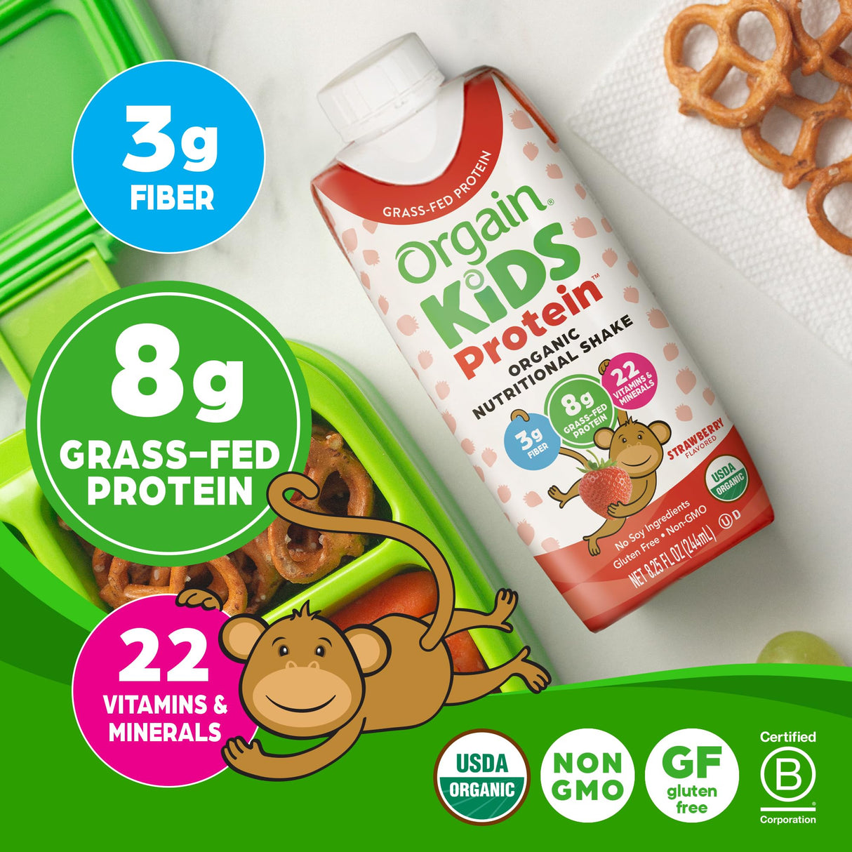 Orgain Organic Kids Protein Nutritional Shake, Strawberry - 8g of Protein, 22 Vitamins & Minerals, Fruits & Vegetables, Gluten Free, Soy Free, Kosher, Non-GMO, 8.25 Ounce (Pack of 12)