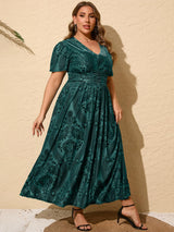 Simplee Womens V Neck Plus Size Velvet Dress Holiday Winter Christmas Party Long Formal Dress for Wedding Guest (2XL Dark Green)