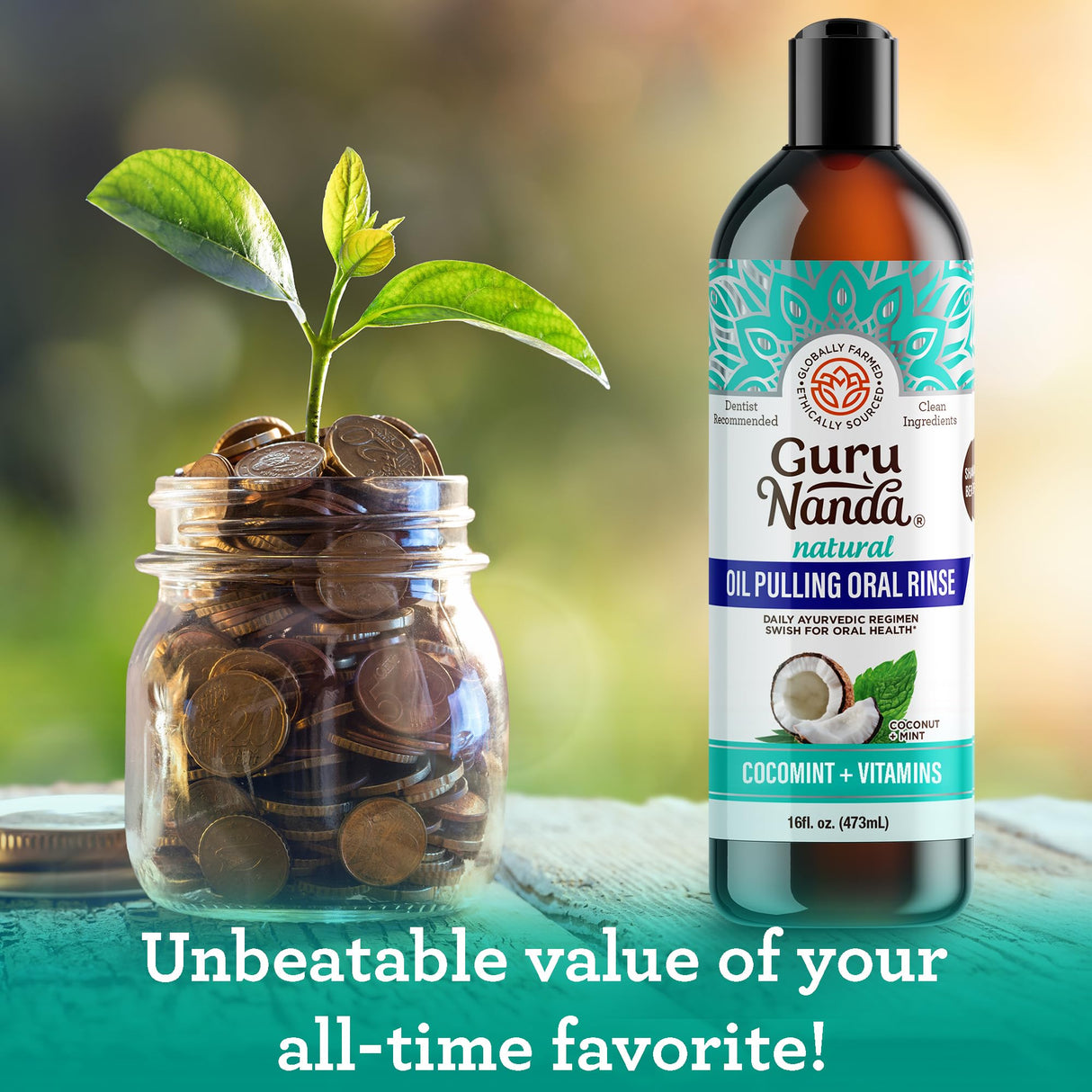 GuruNanda CocoMint Oil Pulling Mouthwash for Complete Oral Hygiene, 7 Essential Oils & Vitamins for Happy Teeth & Gums & Fresh Breath, Alcohol-Free, 16 oz