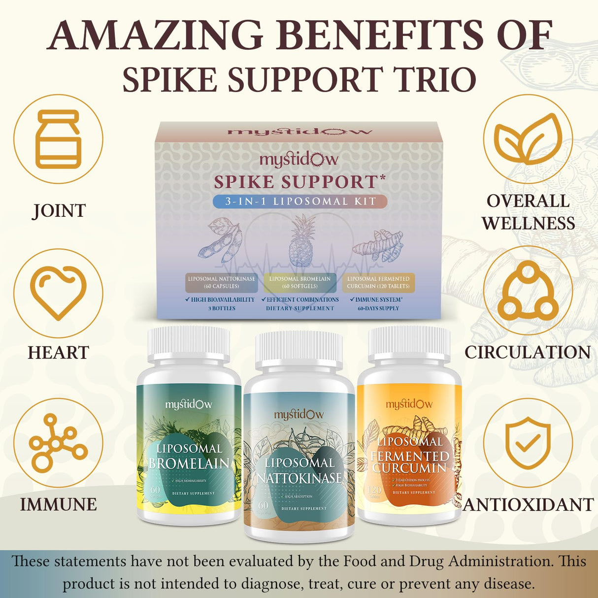 Spike Support Trio | Liposomal Nattokinase 8000 FU 500mg, Bromelain 1150 mg & Fermented Curcumin 1800 mg | High Potency, Enhanced Absorption Formula | for Immune, Heart & Circulation | 60 Day Supply