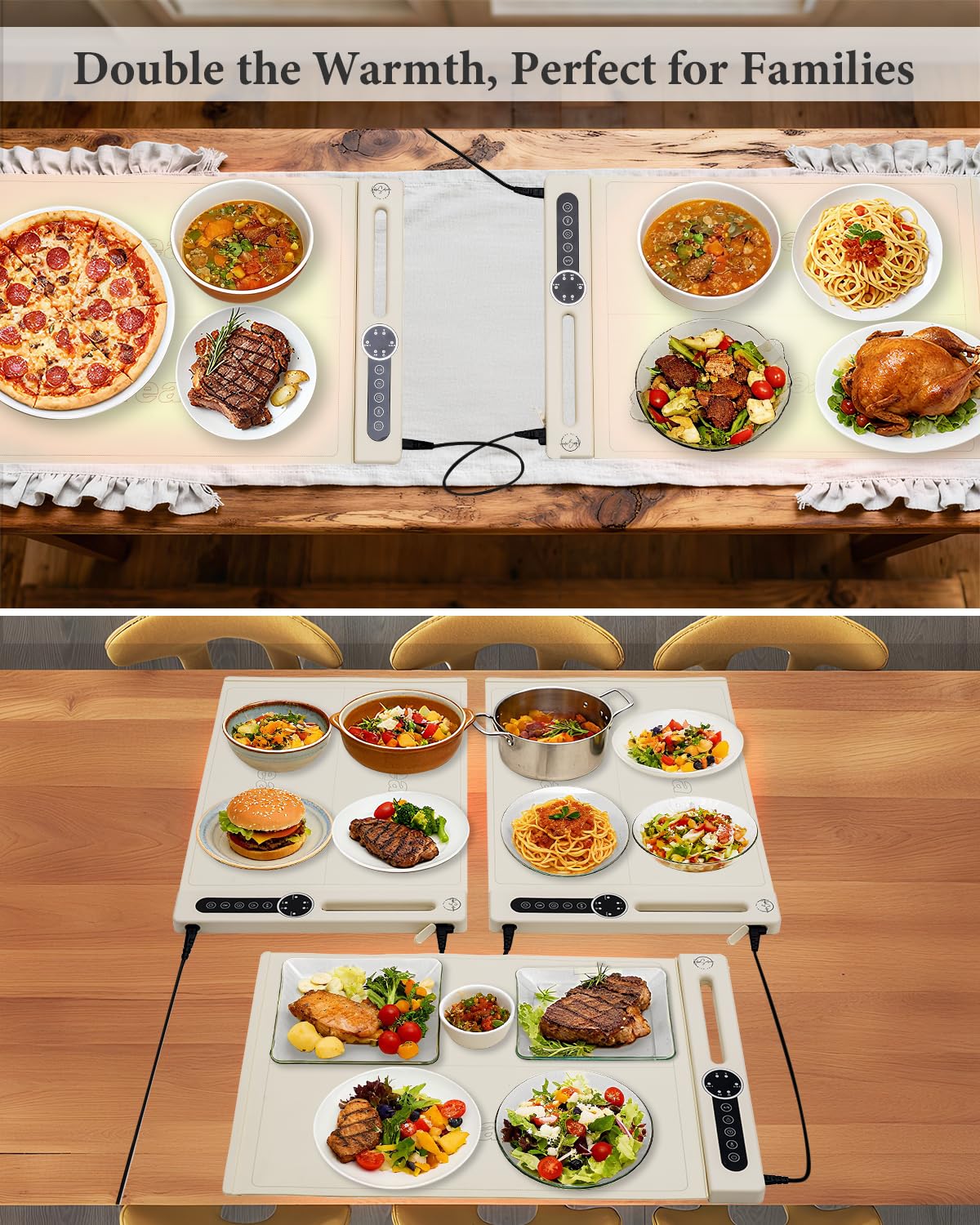 KokoSelene Food Warming Mat, Dual-Zone Heating Mat for Food with 7 Temp & Timer, 10s Fast Heat Flexible Silicone Warmer for Home, Parties, Buffet Serving (Cream-2 PCS)