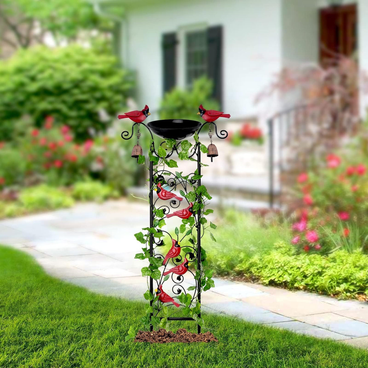 Cardinal Bird Garden Trellis with Wind Chime, Outdoor Yard Decor