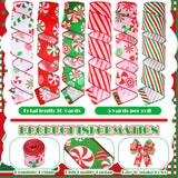 Yuefunny 10 Pcs Christmas Ribbon Including 4 Rolls Mesh Ribbon 6 Rolls Xmas Candy Peppermint Wired Edge Wreath Metallic Wrapping Crafts for Xmas Party Home Decorative DIY Craft